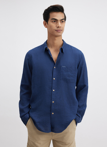 Men Blue Pure Linen Full Sleeve Shirt