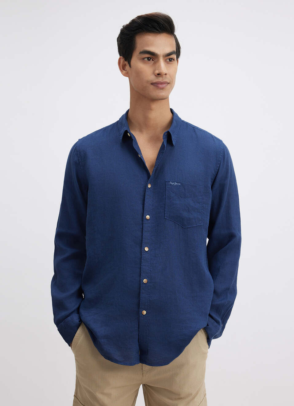 Men Blue Pure Linen Full Sleeve Shirt, , large image number 0