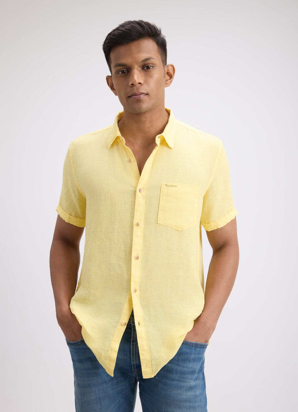 Men Yellow Pure Linen Short Sleeve Shirt, , large image number 1