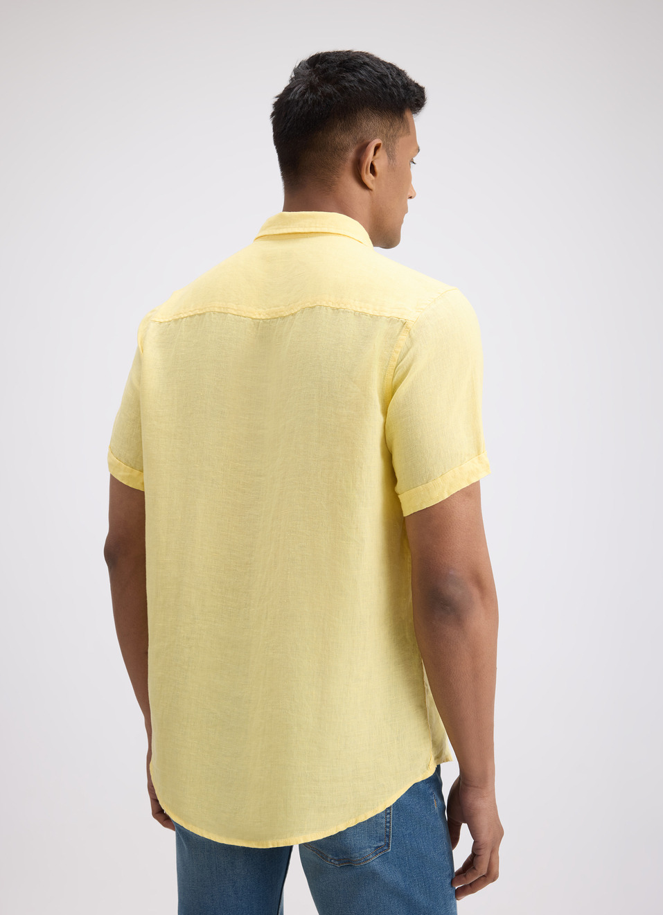 Men Yellow Pure Linen Short Sleeve Shirt, , large image number 2