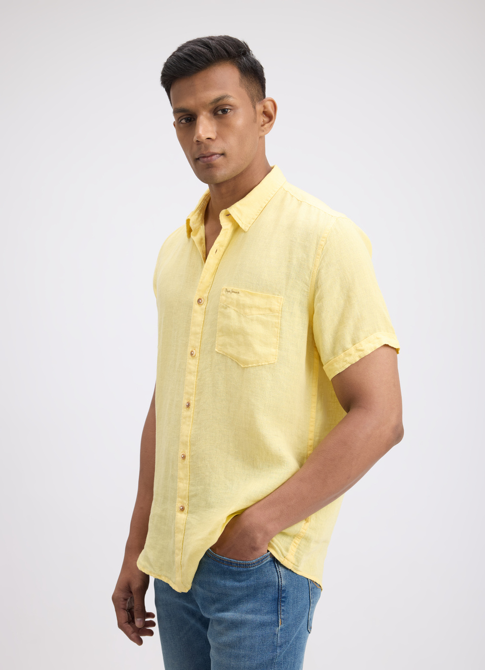 Men Yellow Pure Linen Short Sleeve Shirt, , large image number 3