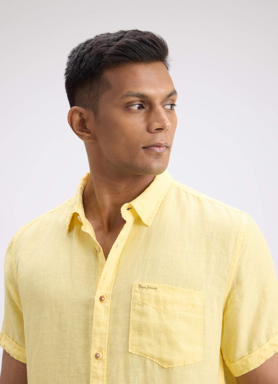 Men Yellow Pure Linen Short Sleeve Shirt, , large image number 4