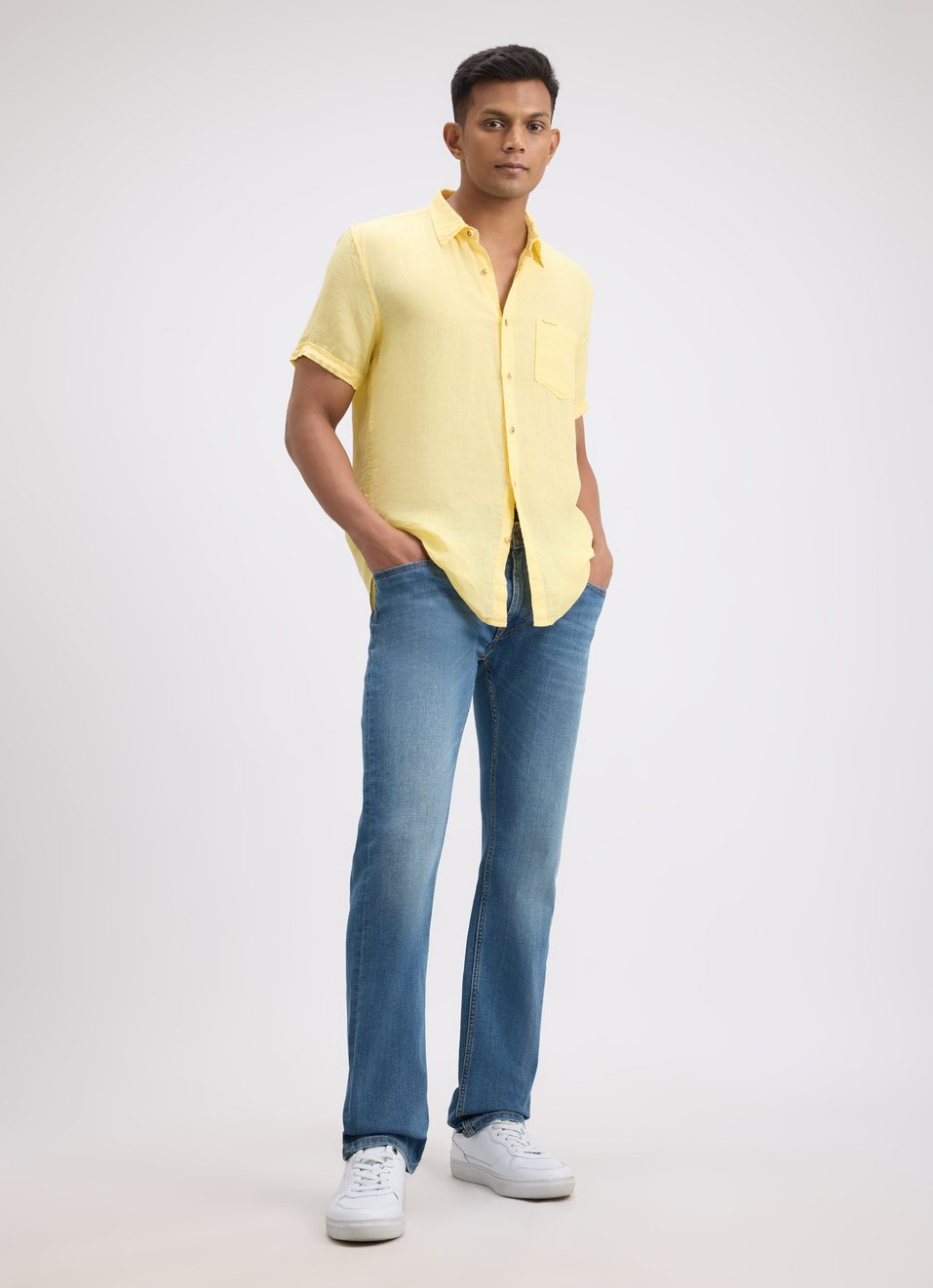 Men Yellow Pure Linen Short Sleeve Shirt, , large image number 5