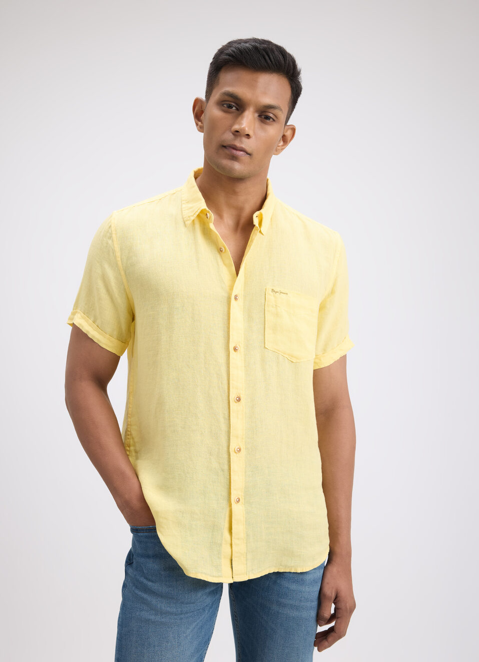 Men Yellow Pure Linen Short Sleeve Shirt, , large image number 0