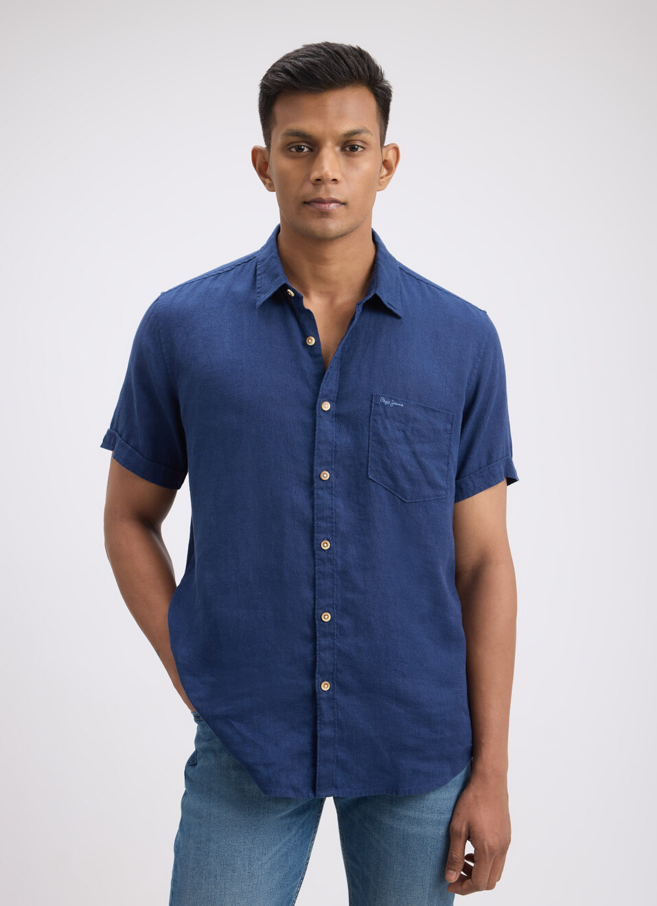 Men Blue Pure Linen Short Sleeve Shirt, , large image number 1