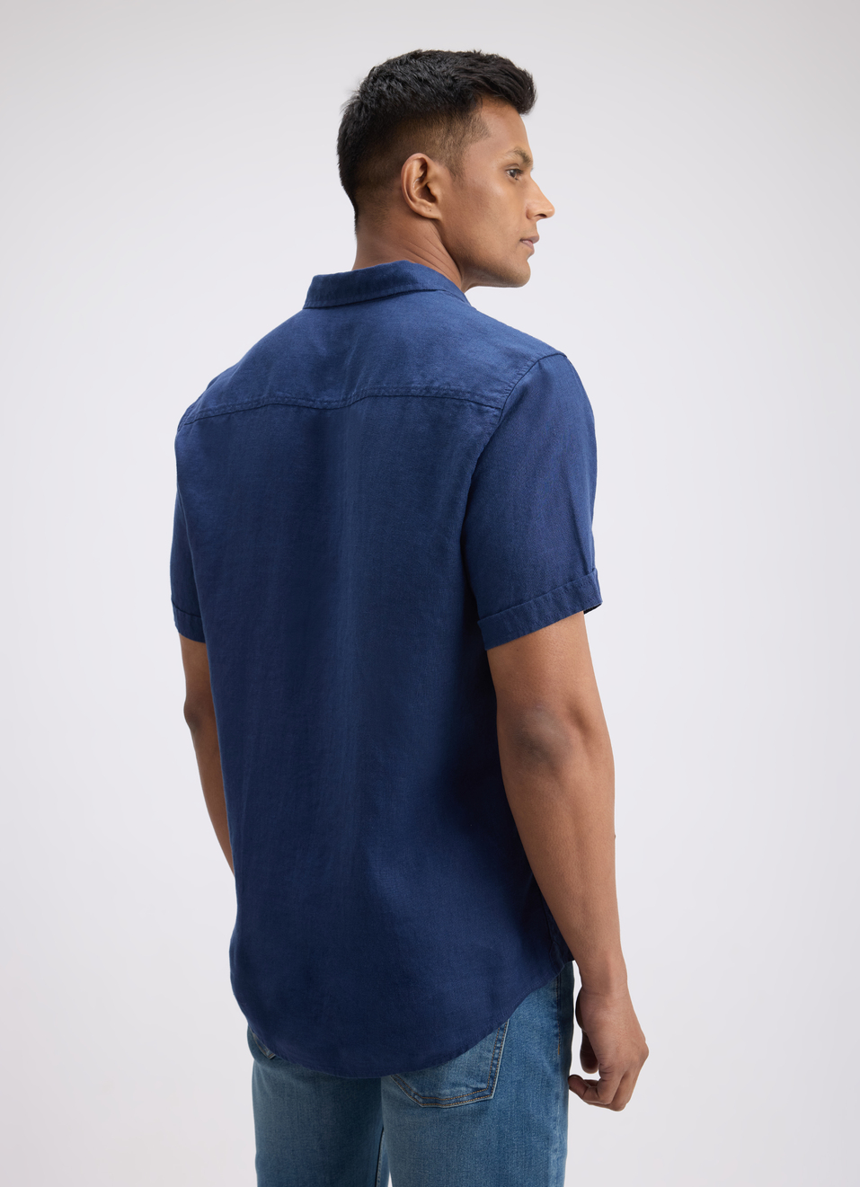 Men Blue Pure Linen Short Sleeve Shirt, , large image number 2