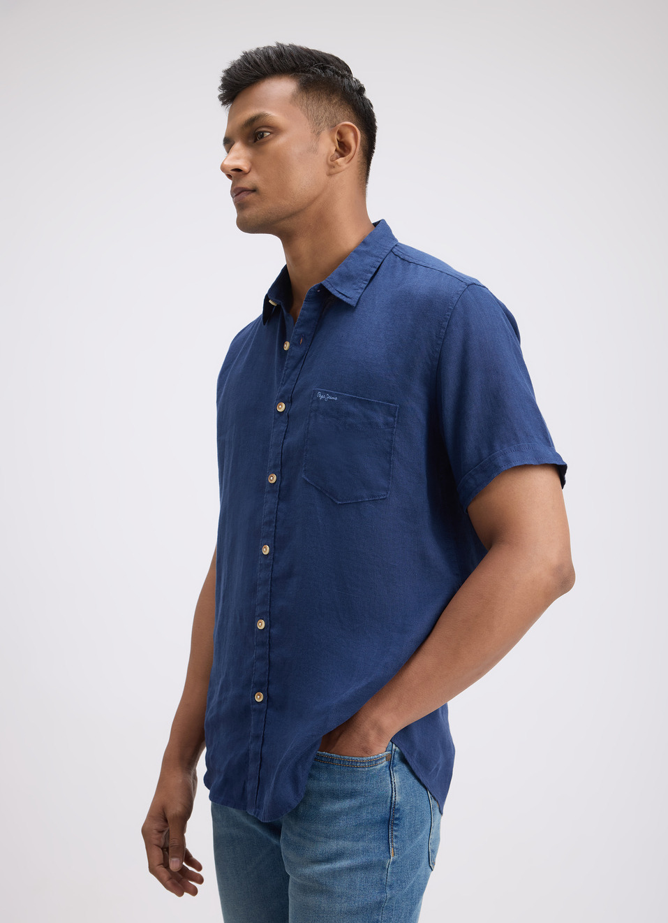 Men Blue Pure Linen Short Sleeve Shirt, , large image number 3