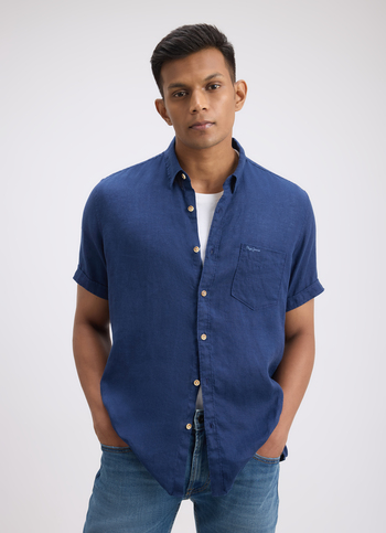 Men Blue Pure Linen Short Sleeve Shirt