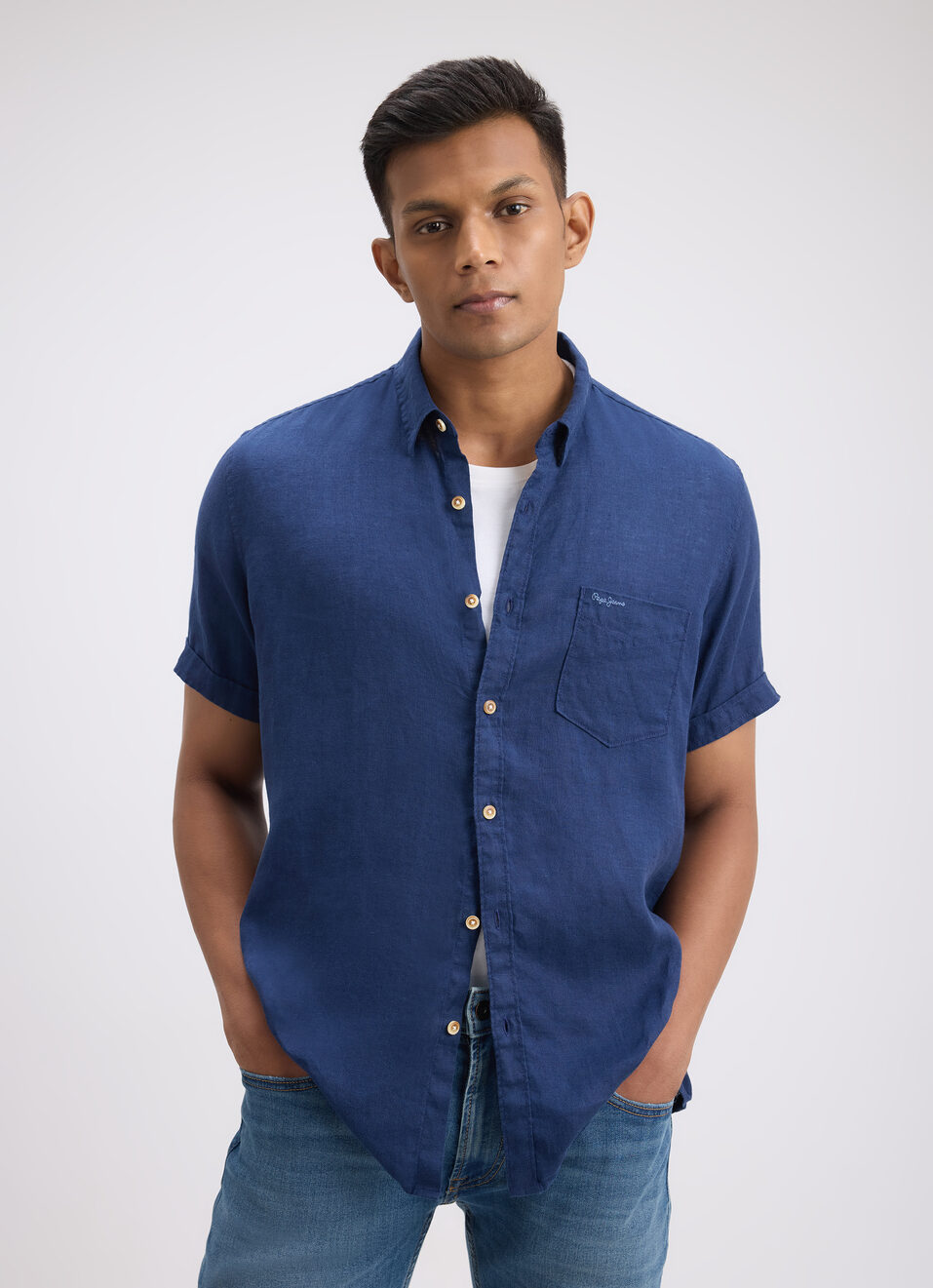 Men Blue Pure Linen Short Sleeve Shirt, , large image number 0