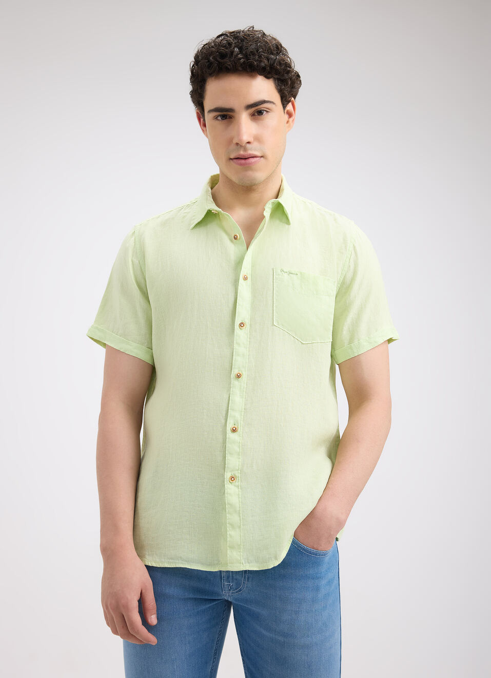 Men Green Pure Linen Short Sleeve Shirt, , large image number 1
