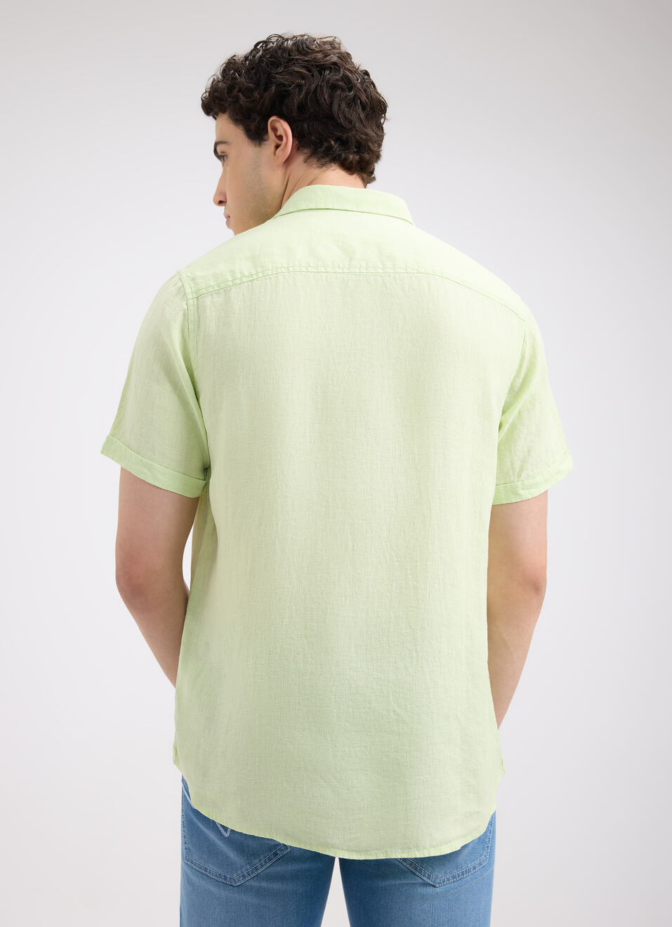 Men Green Pure Linen Short Sleeve Shirt, , large image number 2