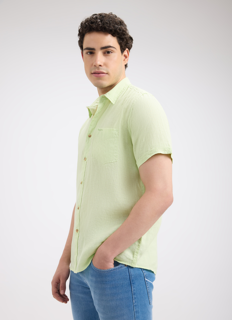 Men Green Pure Linen Short Sleeve Shirt, , large image number 3
