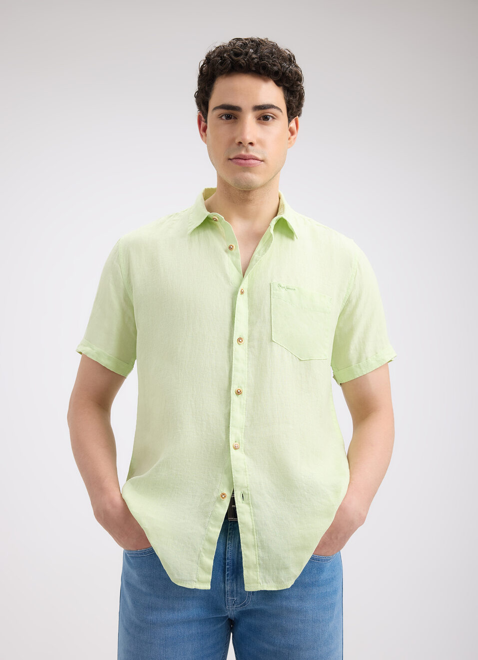 Men Green Pure Linen Short Sleeve Shirt, , large image number 0