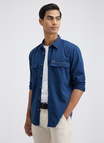 Men Blue Overdyed Full Sleeve Cargo Shirt