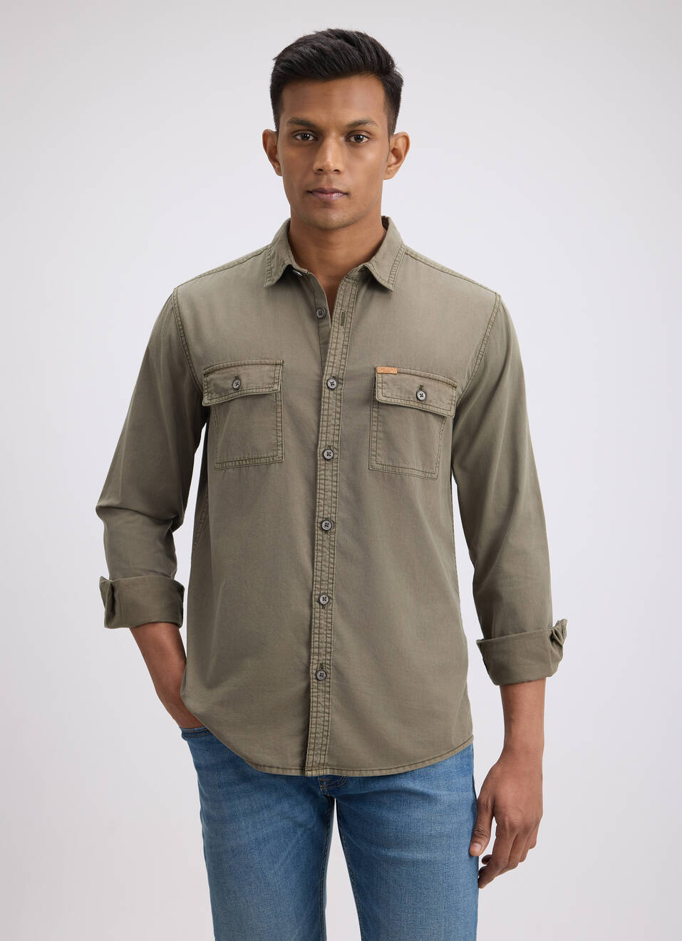 Men Green Overdyed Full Sleeve Cargo Shirt, , large image number 1