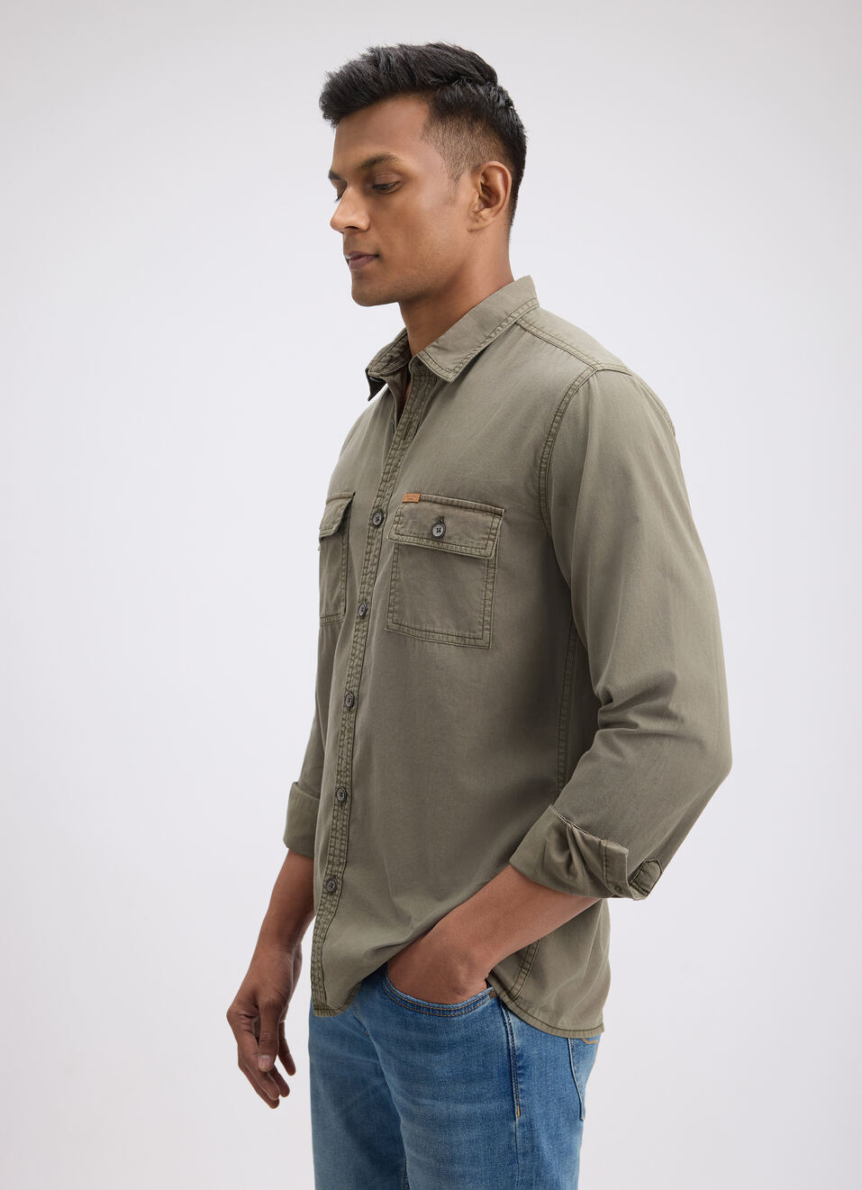Men Green Overdyed Full Sleeve Cargo Shirt, , large image number 3