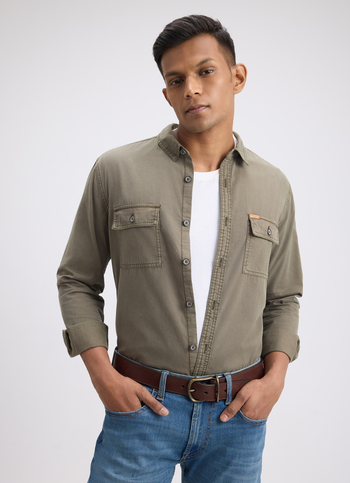 Men Green Overdyed Full Sleeve Cargo Shirt
