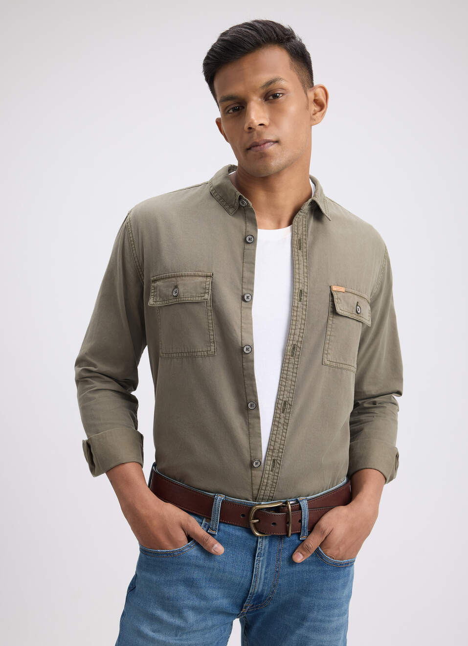 Men Green Overdyed Full Sleeve Cargo Shirt, , large image number 0