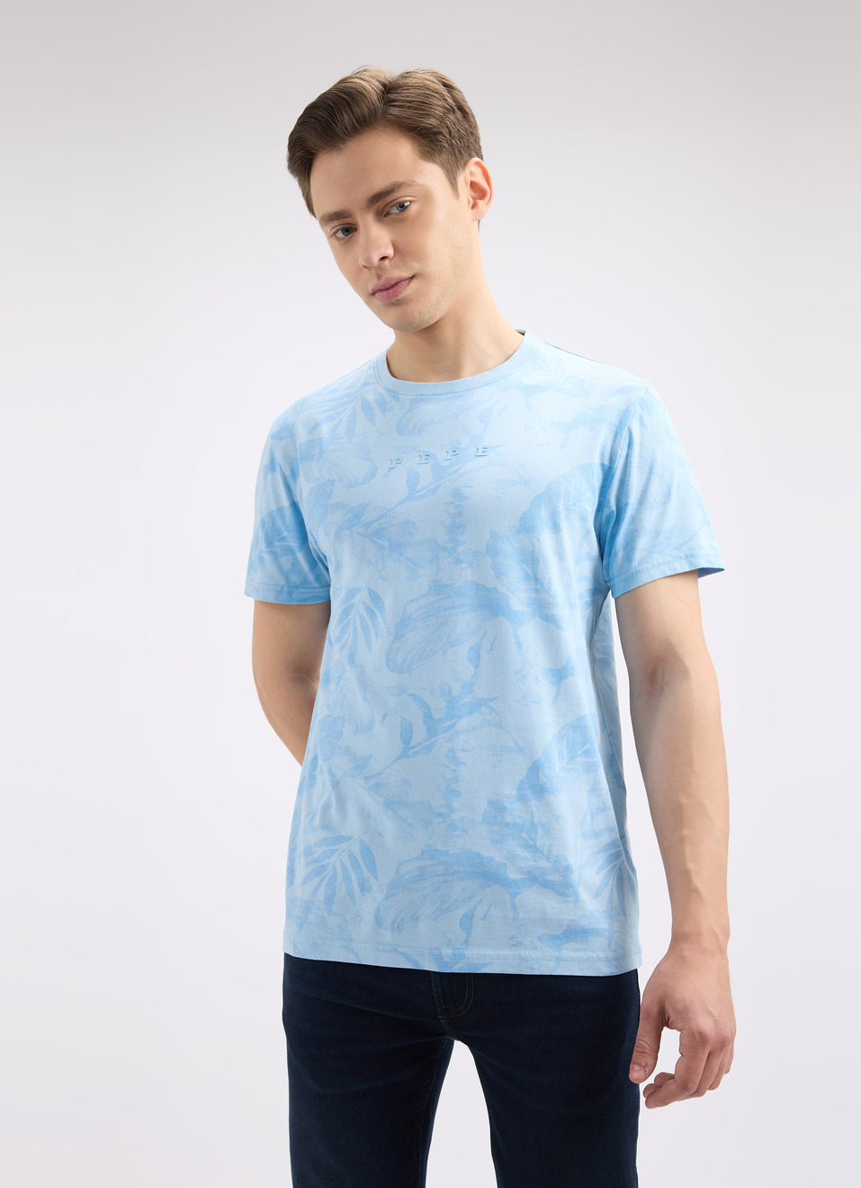 Men Blue Tropical Print Short Sleeve T-shirt, , large image number 1