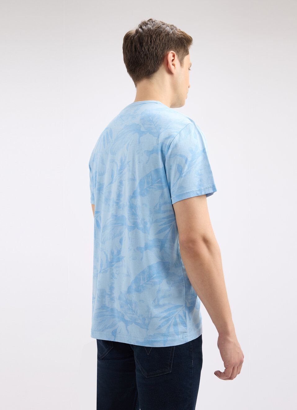 Men Blue Tropical Print Short Sleeve T-shirt, , large image number 2