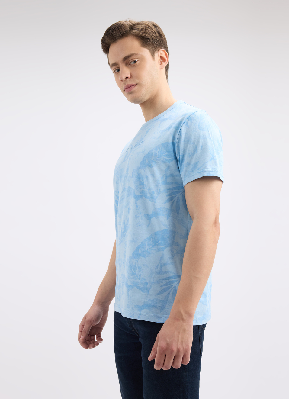 Men Blue Tropical Print Short Sleeve T-shirt, , large image number 3