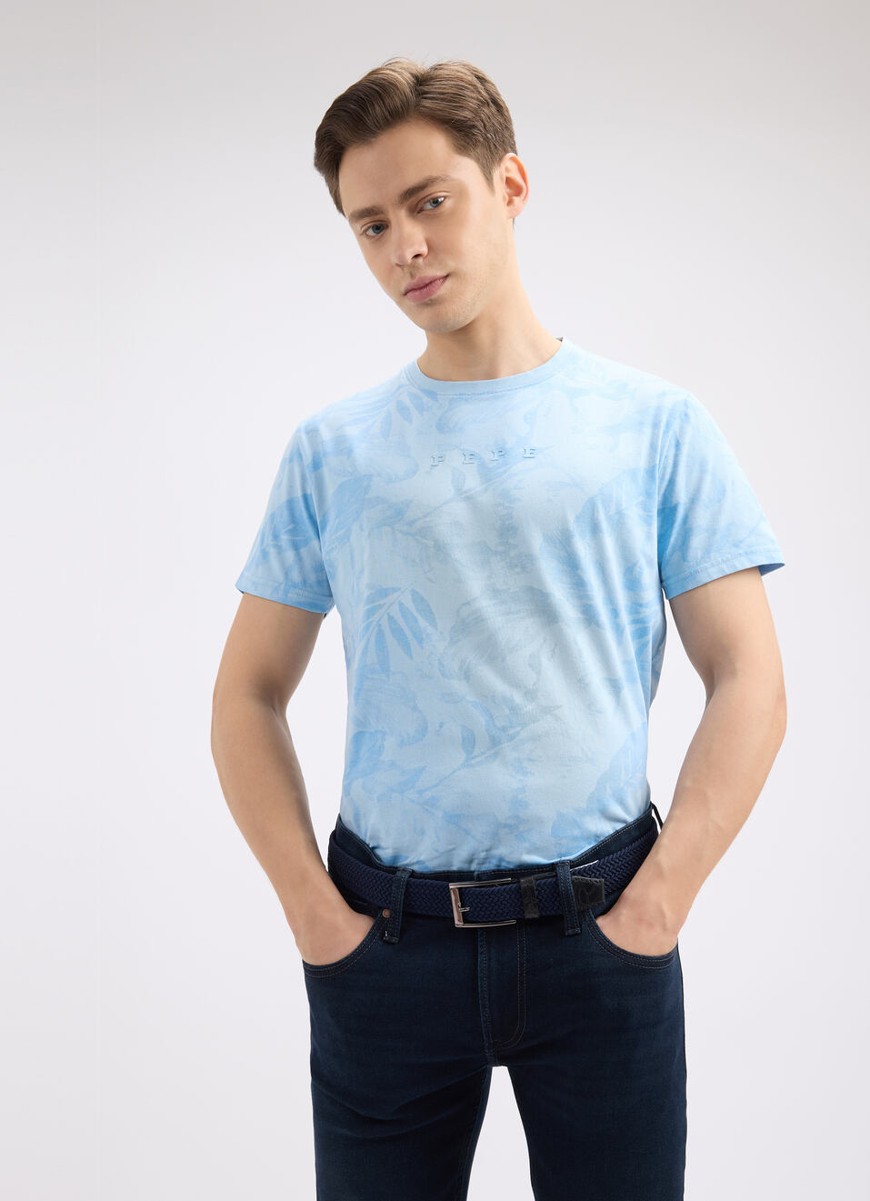 Men Blue Tropical Print Short Sleeve T-shirt, , large image number 0