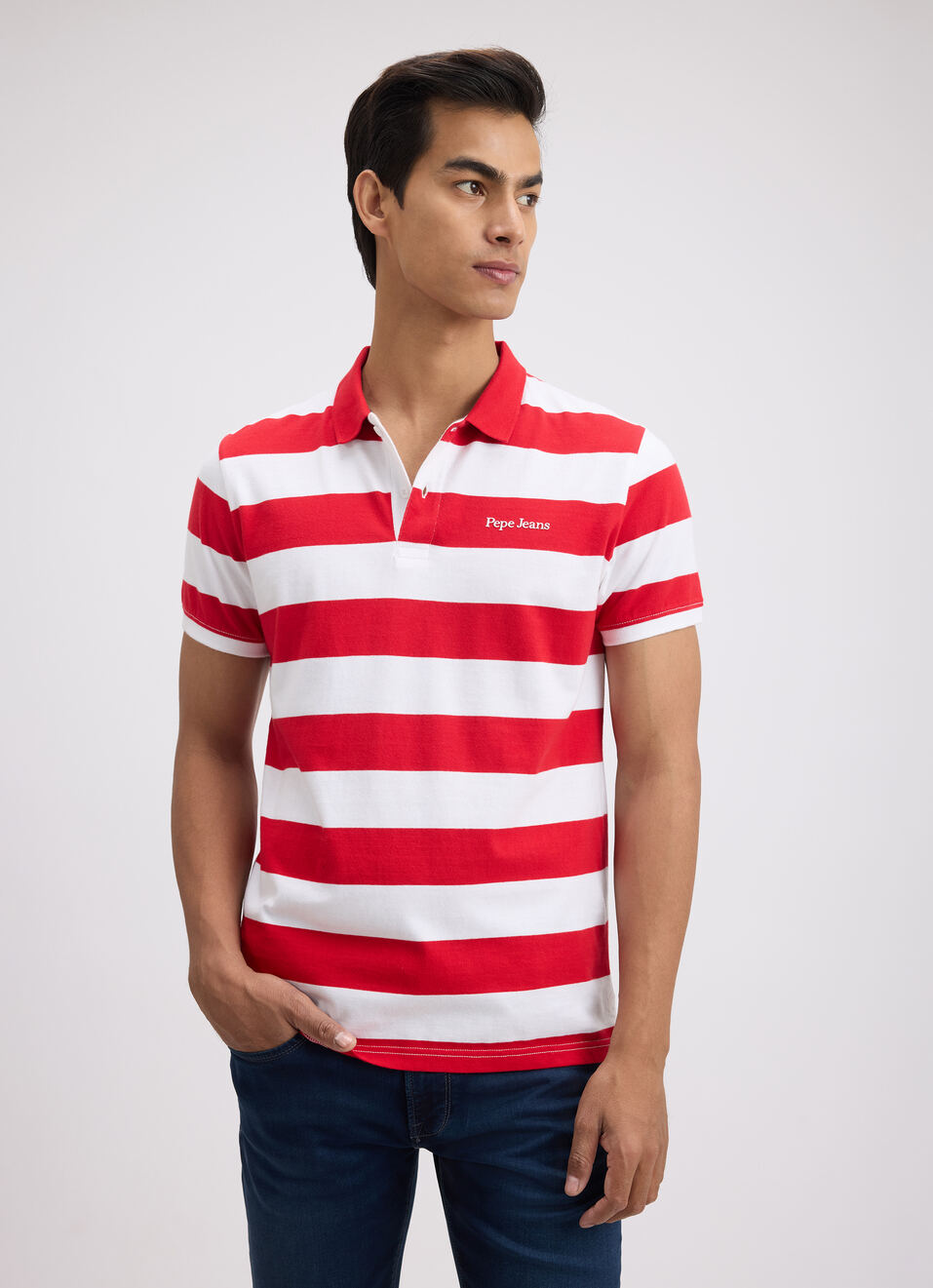 Men Red Stripe Short Sleeve Polo, , large image number 1