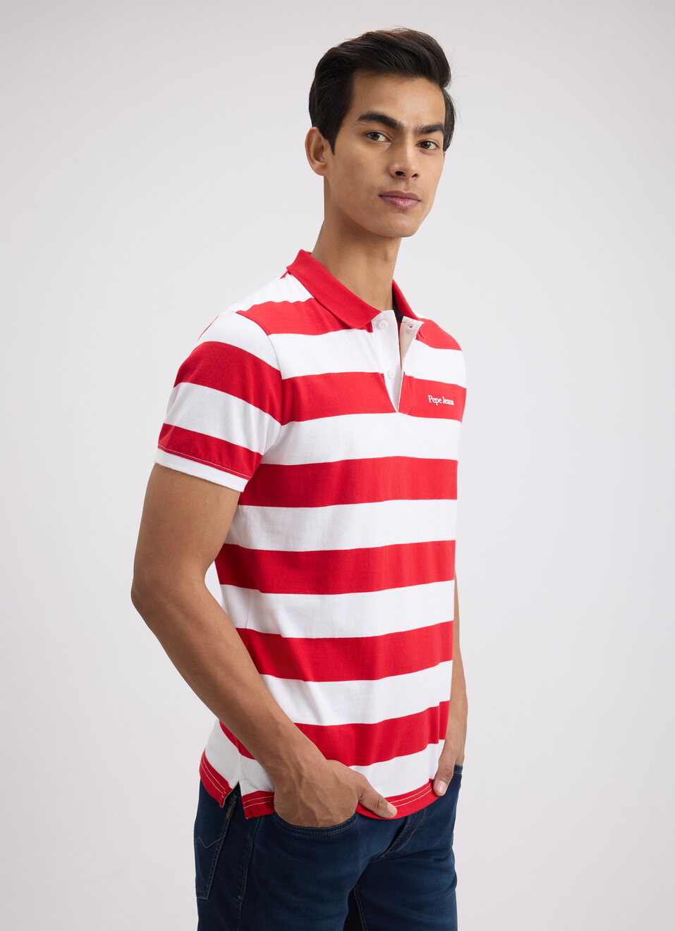 Men Red Stripe Short Sleeve Polo, , large image number 3