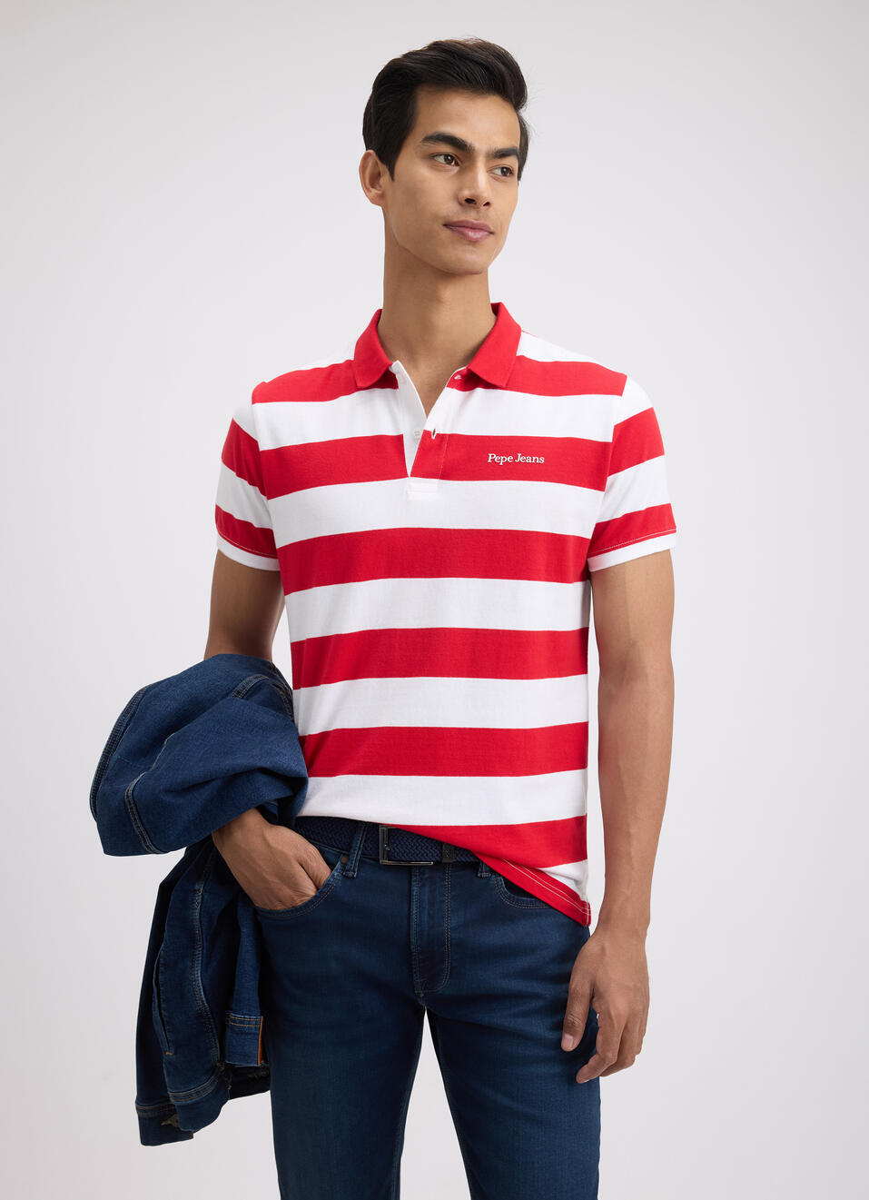 Men Red Stripe Short Sleeve Polo, , large image number 0