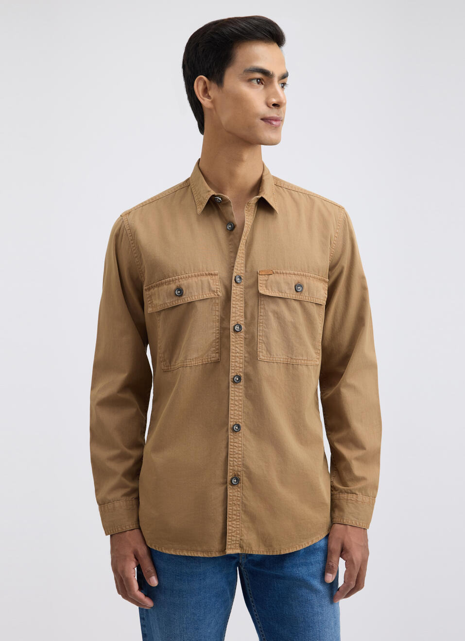 Men Khaki Overdyed Full Sleeve Cargo Shirt, , large image number 1