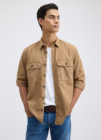 Men Khaki Overdyed Full Sleeve Cargo Shirt