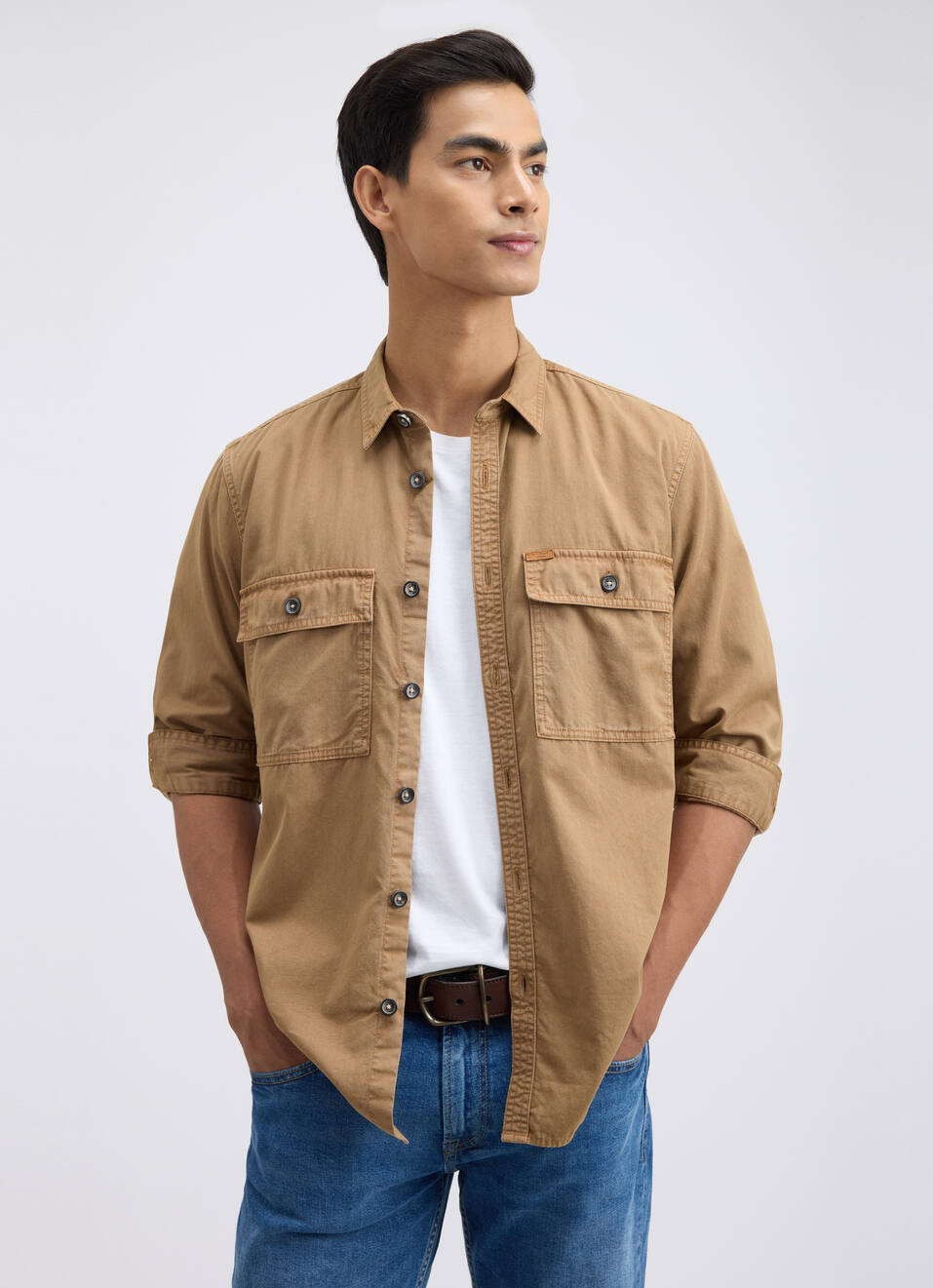 Men Khaki Overdyed Full Sleeve Cargo Shirt, , large image number 0