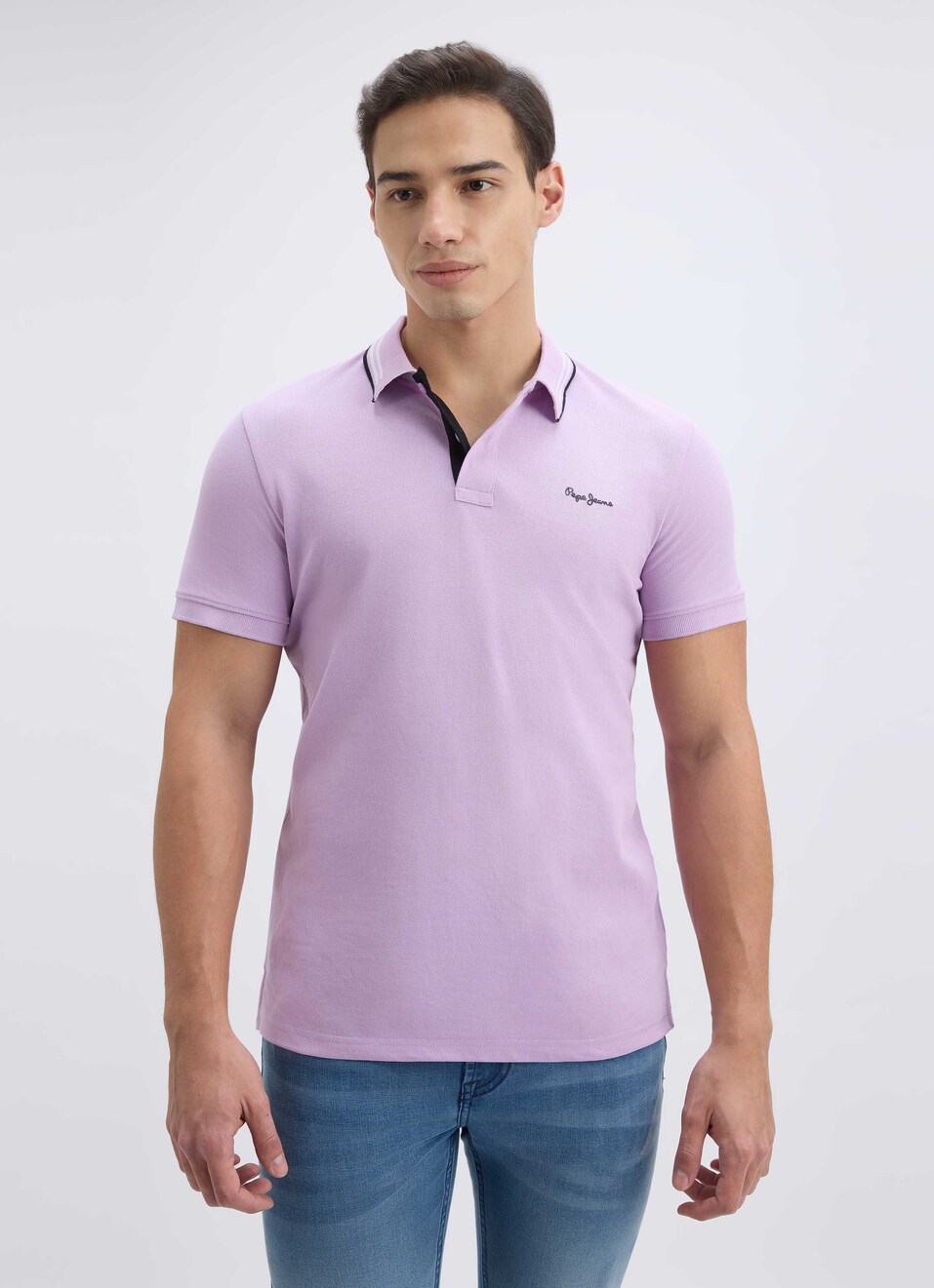 Men Purple Ribbed Collar Short Sleeve Polo, , large image number 1