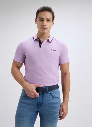 Men Purple Ribbed Collar Short Sleeve Polo