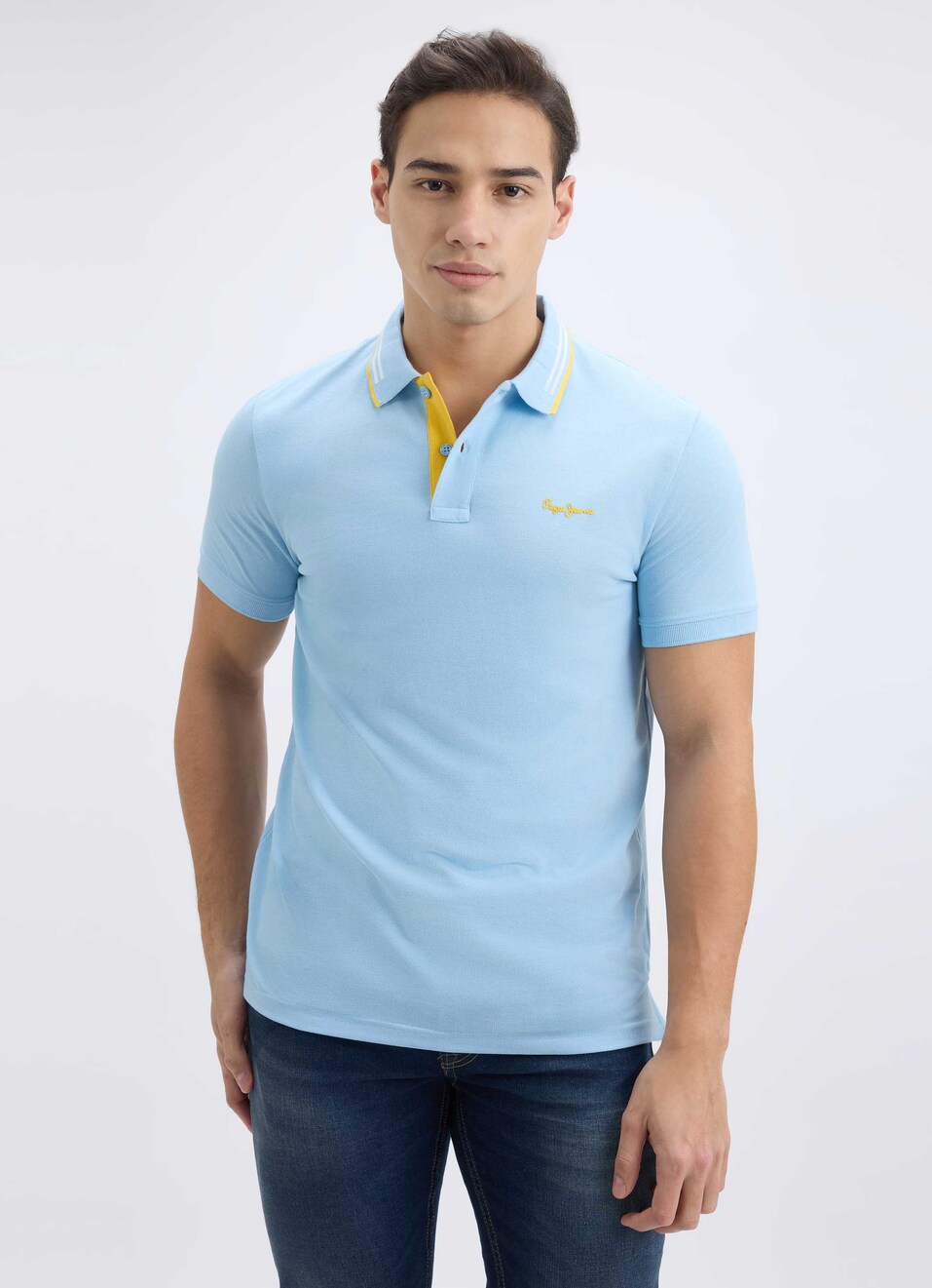 Men Sky Blue Ribbed Collar Short Sleeve Polo, , large image number 1