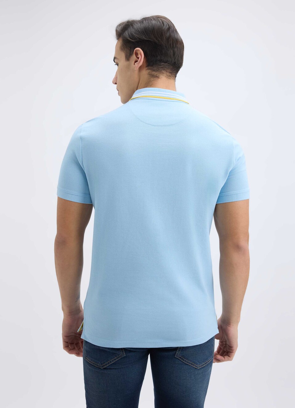 Men Sky Blue Ribbed Collar Short Sleeve Polo, , large image number 2