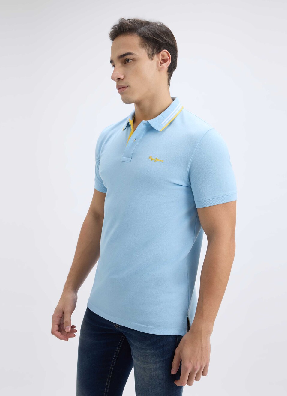 Men Sky Blue Ribbed Collar Short Sleeve Polo, , large image number 3