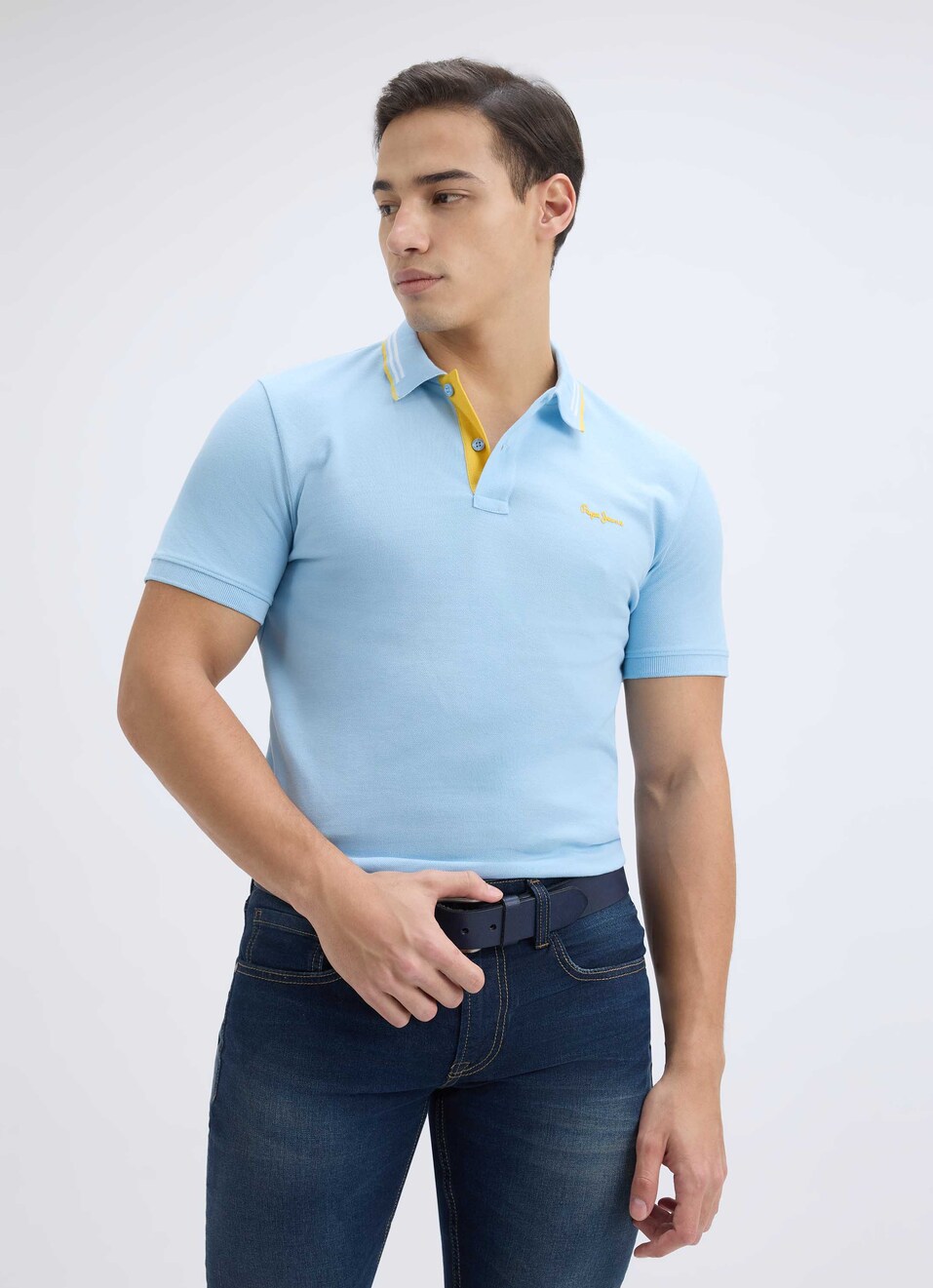 Men Sky Blue Ribbed Collar Short Sleeve Polo, , large image number 0