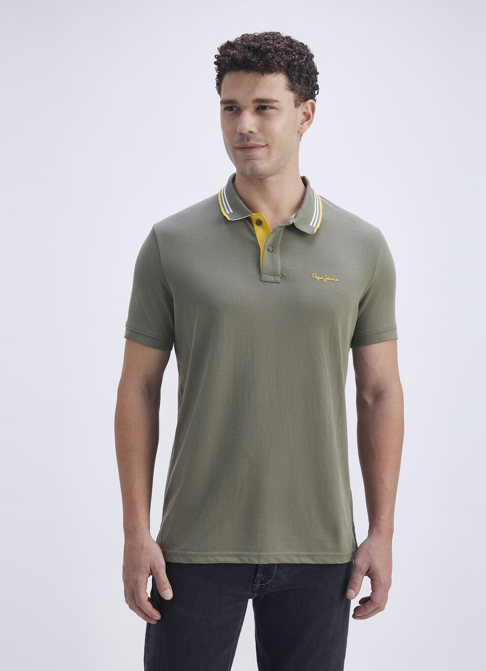 Men Green Ribbed Collar Short Sleeve Polo, , large image number 1