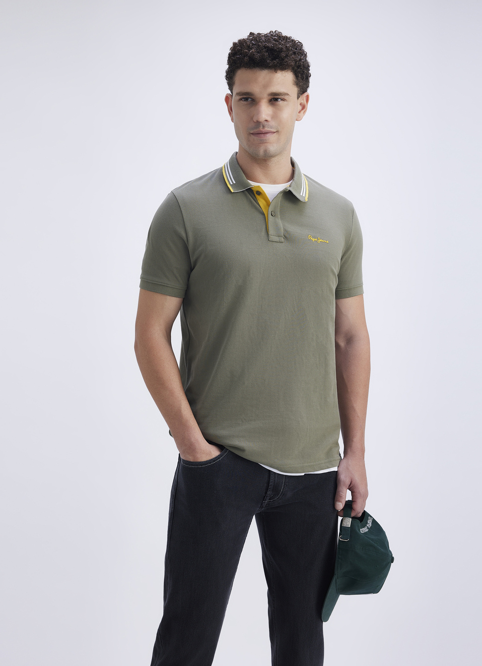 Men Green Ribbed Collar Short Sleeve Polo, , large image number 0