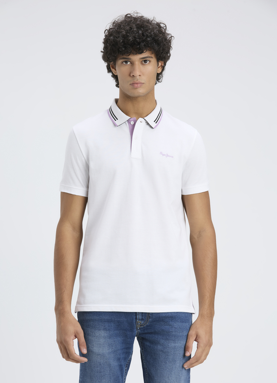 Men White Ribbed Collar Short Sleeve Polo, , large image number 1