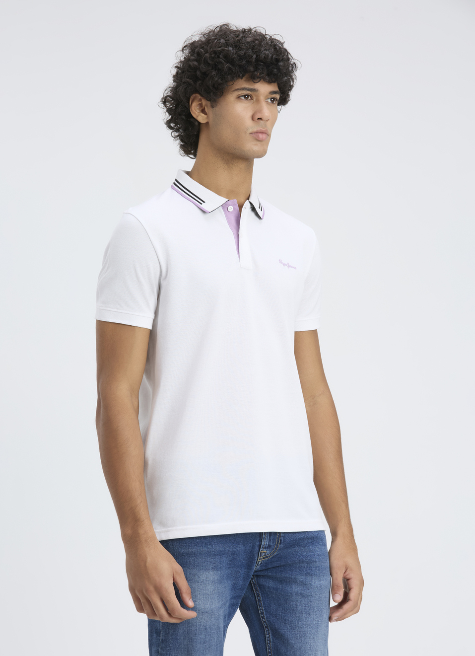 Men White Ribbed Collar Short Sleeve Polo, , large image number 3