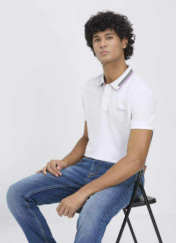 Men White Ribbed Collar Short Sleeve Polo
