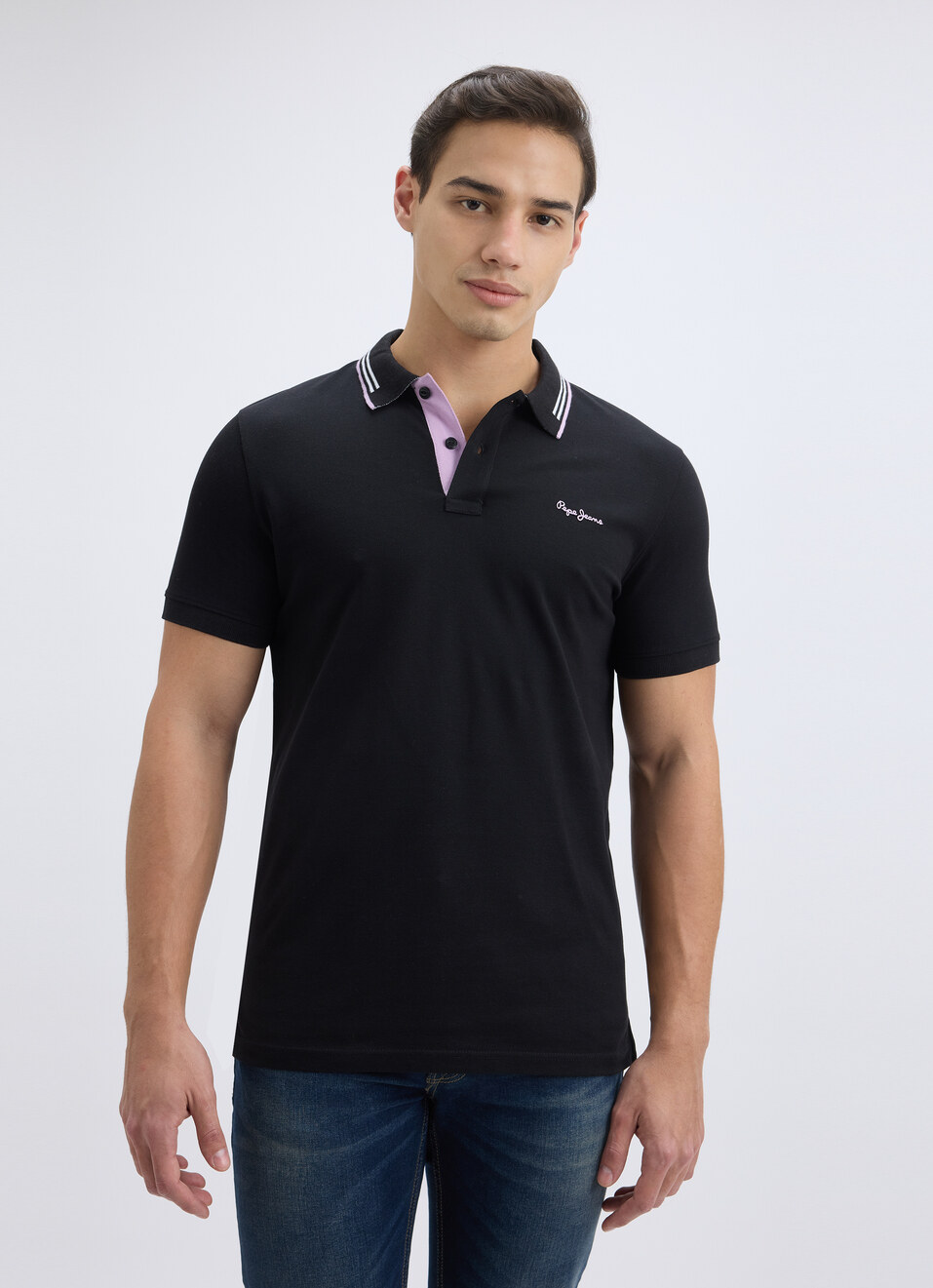 Men Black Ribbed Collar Short Sleeve Polo, , large image number 1