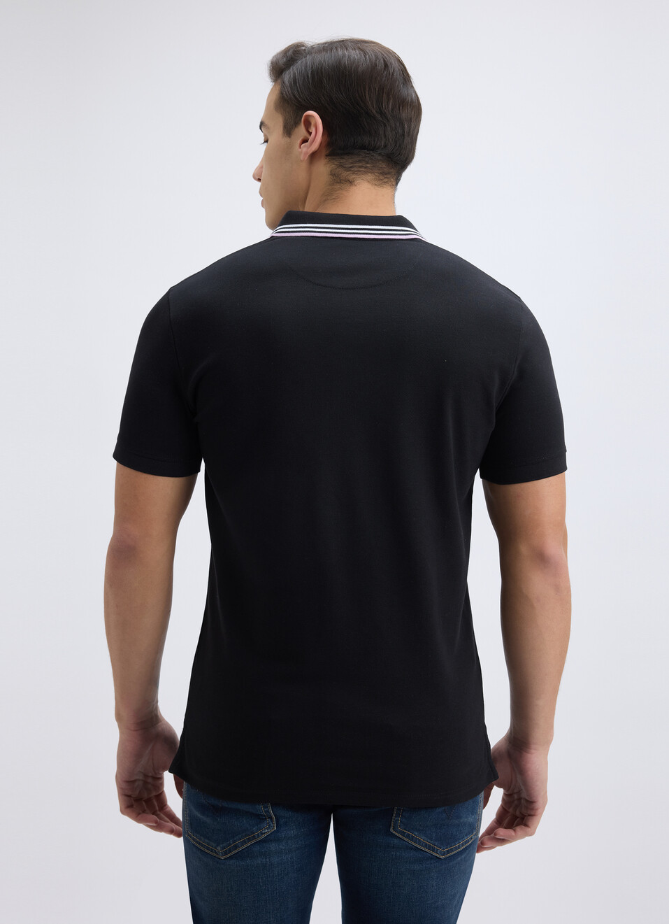 Men Black Ribbed Collar Short Sleeve Polo, , large image number 2