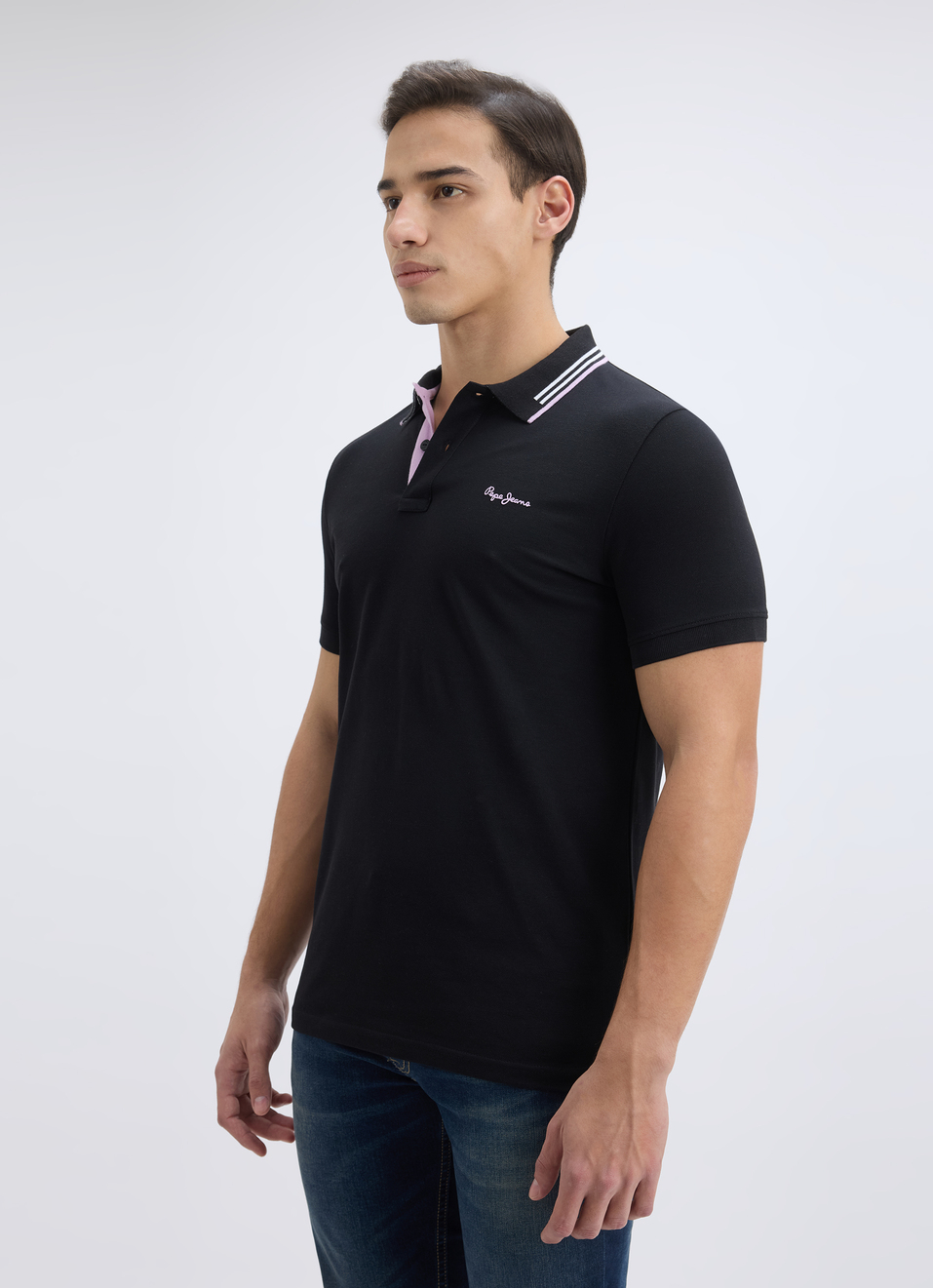 Men Black Ribbed Collar Short Sleeve Polo, , large image number 3