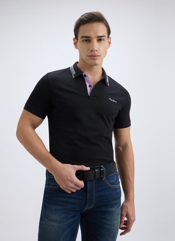 Men Black Ribbed Collar Short Sleeve Polo