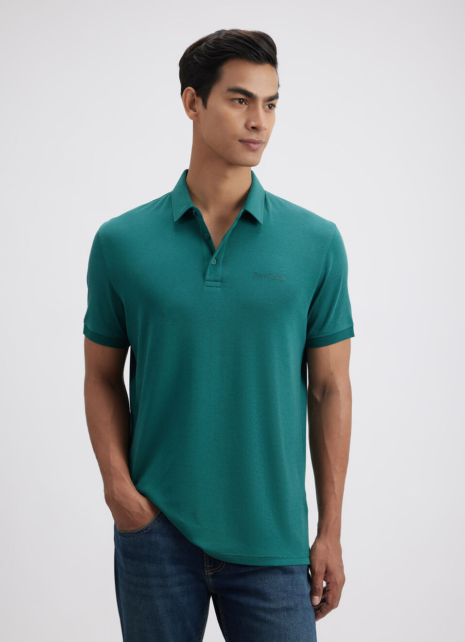 Men Green Short Sleeved Stretch Polo, , large image number 1