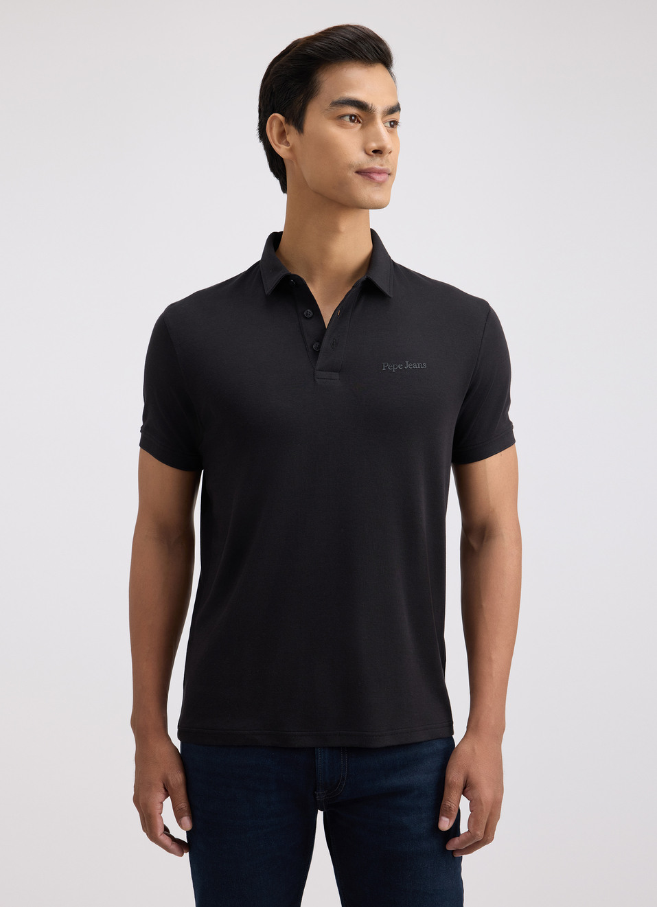 Men Black Short Sleeved Stretch Polo, , large image number 1