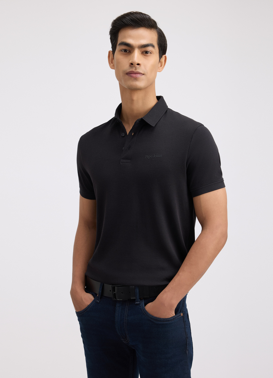Men Black Short Sleeved Stretch Polo, , large image number 0